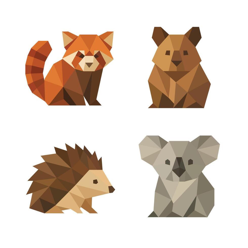set of animal flat illustration origami style red panda quokka hedgehog koala vector