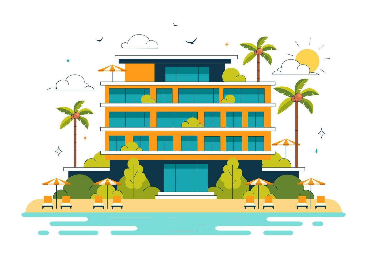 Scene of a Beautiful Beach Villa Resort with Coconut Trees and Ocean Horizon vector