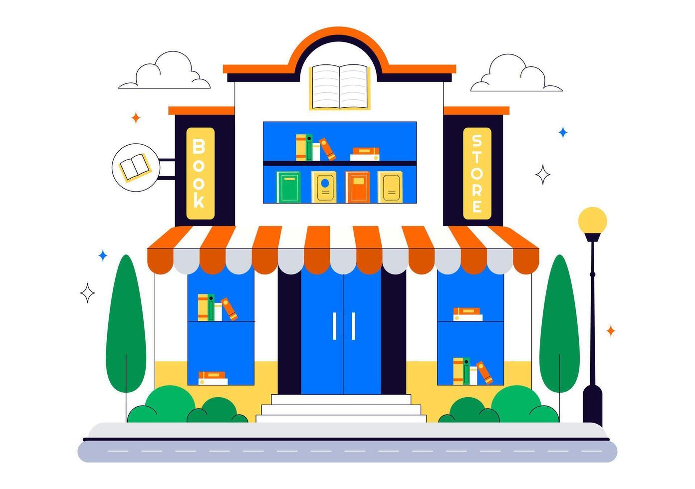 Flat Style Bookstore Illustration Featuring Literature, Self-Development, and Study Room Ambience vector