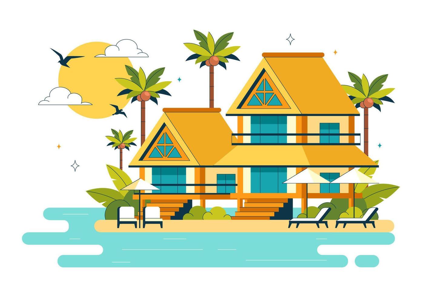 Island Paradise Illustration with Beachside Hotel and Tropical Plants vector