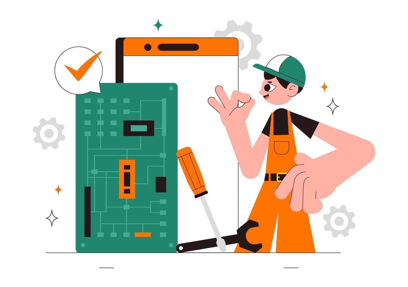 Flat Illustration of a Mobile Phone Repair Scene with Cracked Screen and Technician vector