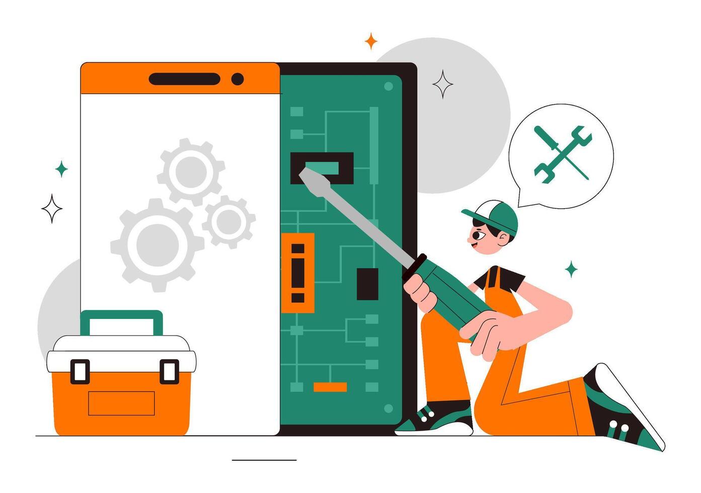 Mobile Phone Service Illustration Featuring Cracked Screen and Repair Technician Background vector