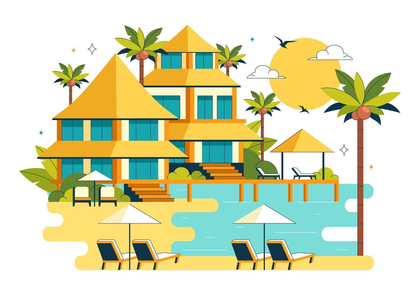 Tropical Island Villa and Resort Landscape with White Sand Beaches vector