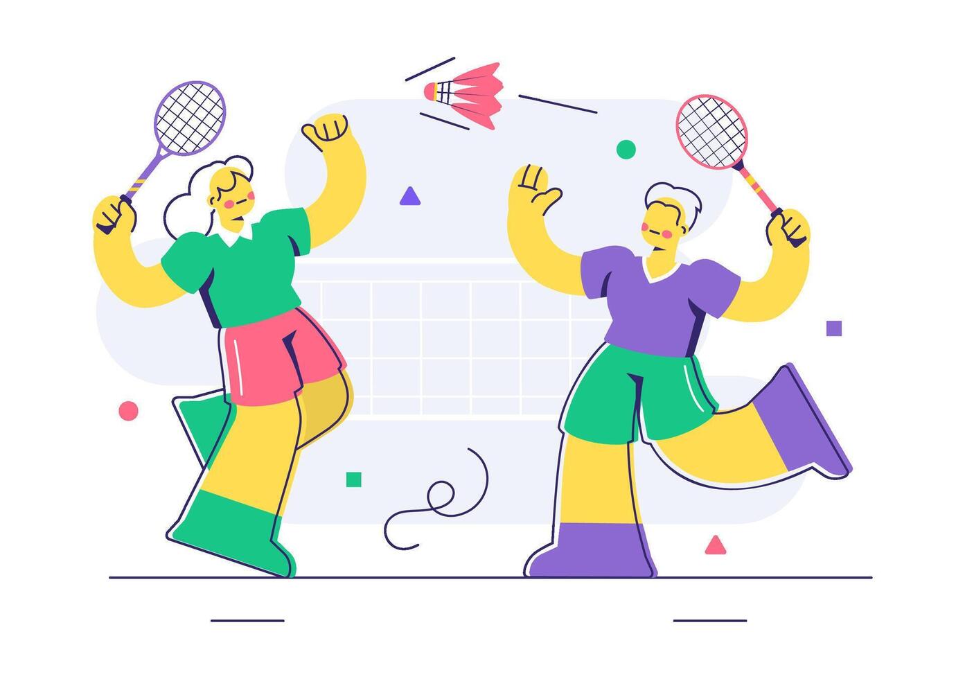 Cartoon Style Badminton Illustration with Player and Shuttlecock on the Field vector