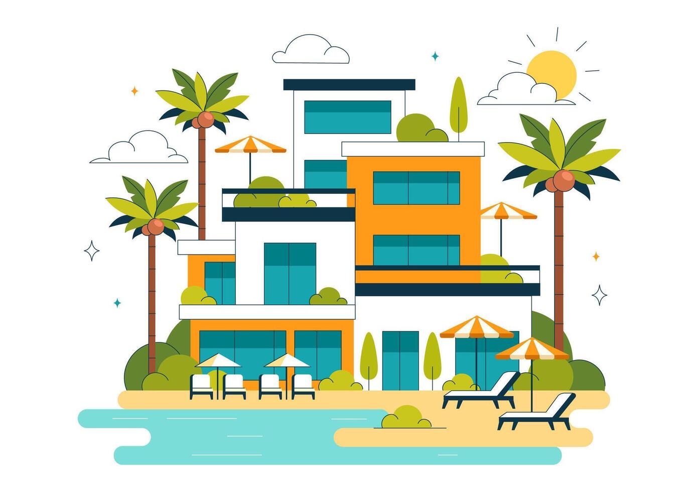 Illustration of a Seaside Beach Resort Featuring Coastal Villas and Greenery vector