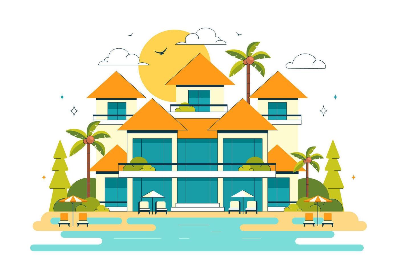 Tropical Beach Resort Illustration with Ocean View Villas and Palm Trees vector