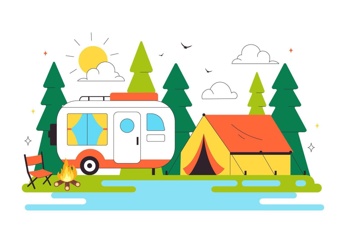 Flat Scene of Family Camping Trip in Mountains for Outdoor Exploration and Fun vector