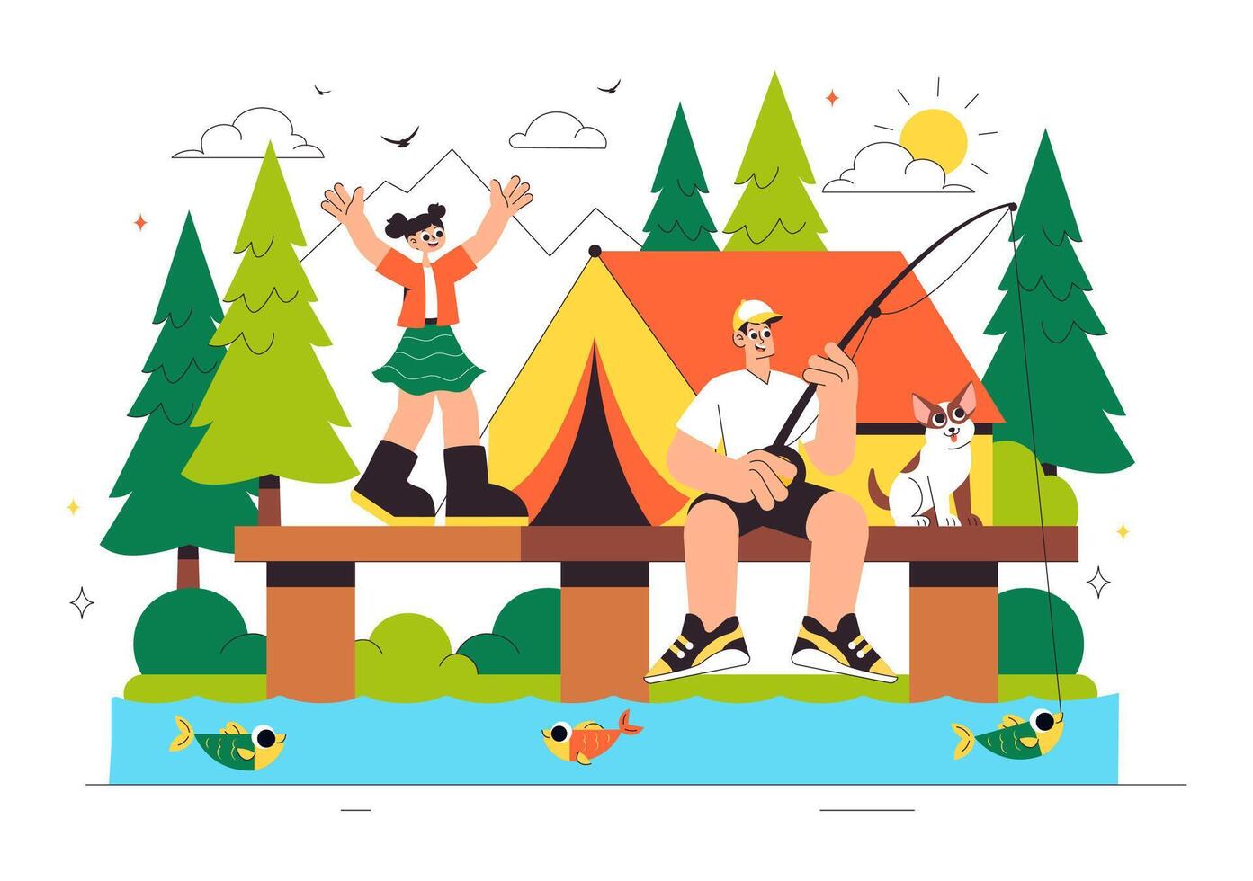 Travel and Outdoor Fun Illustration of Happy Summer Camp in Forest Landscape vector