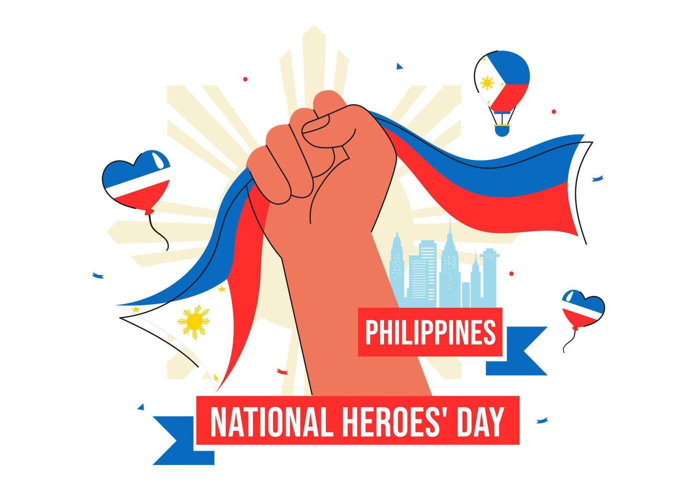 Philippines National Holiday Art Commemorating Heroes with Flat Cartoon Flag Design vector