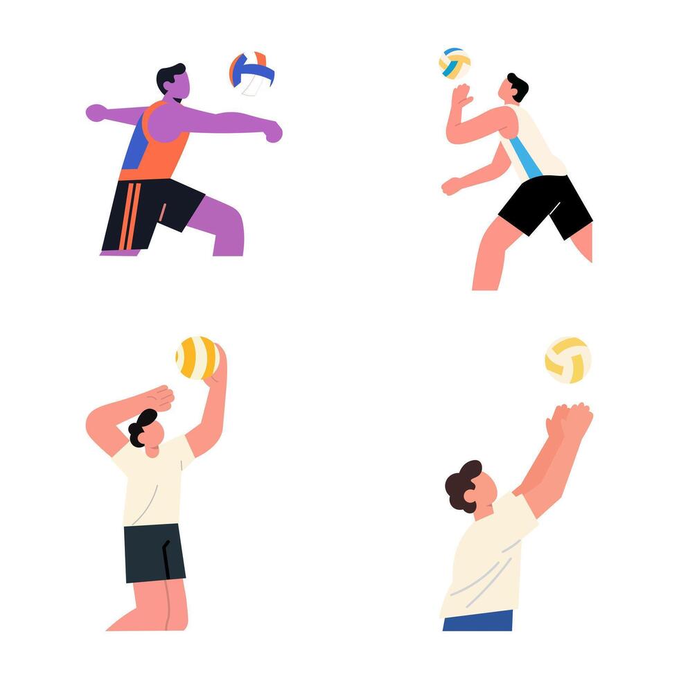 Four figures playing volleyball, active and dynamic vector