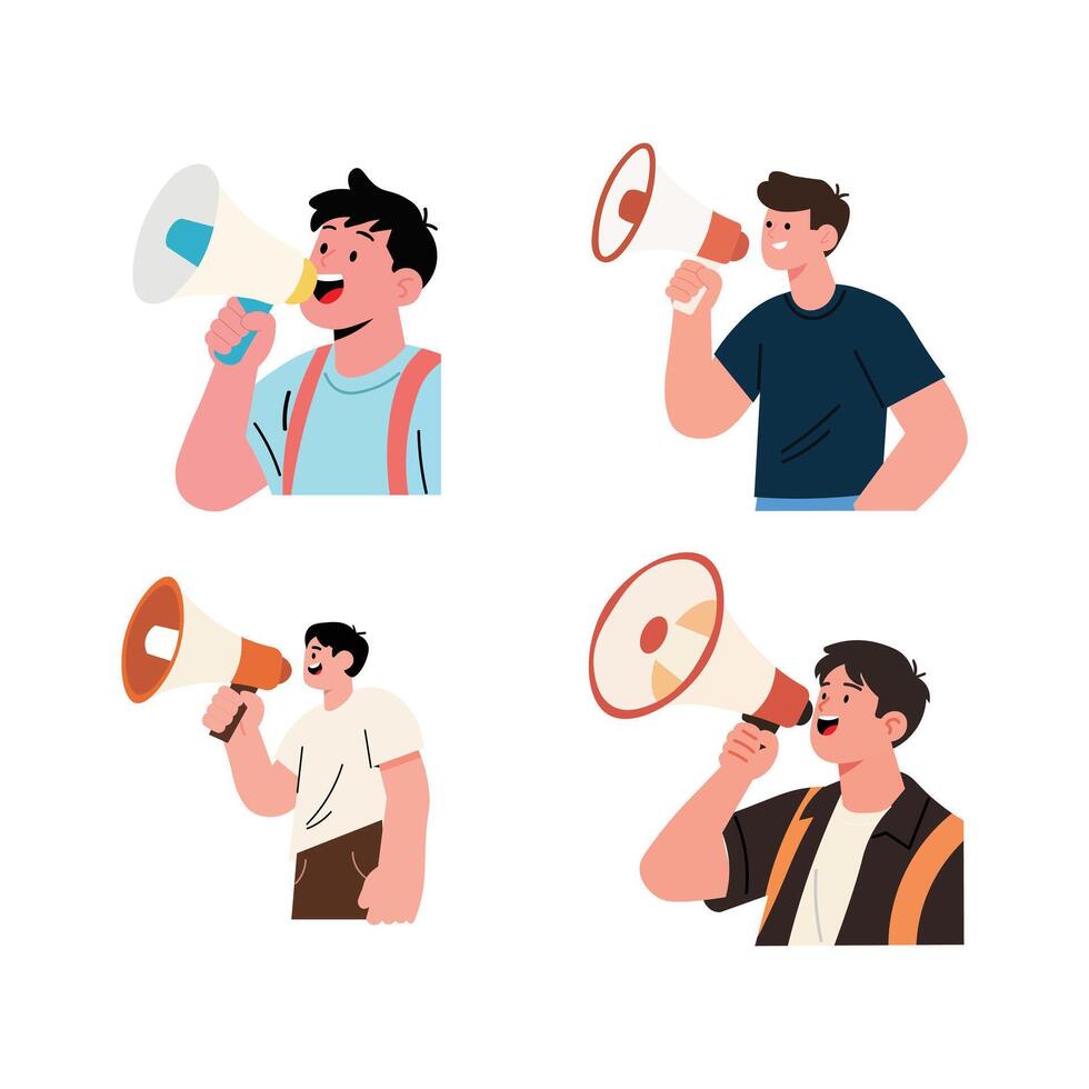 Four people using megaphones, expressing a message. vector