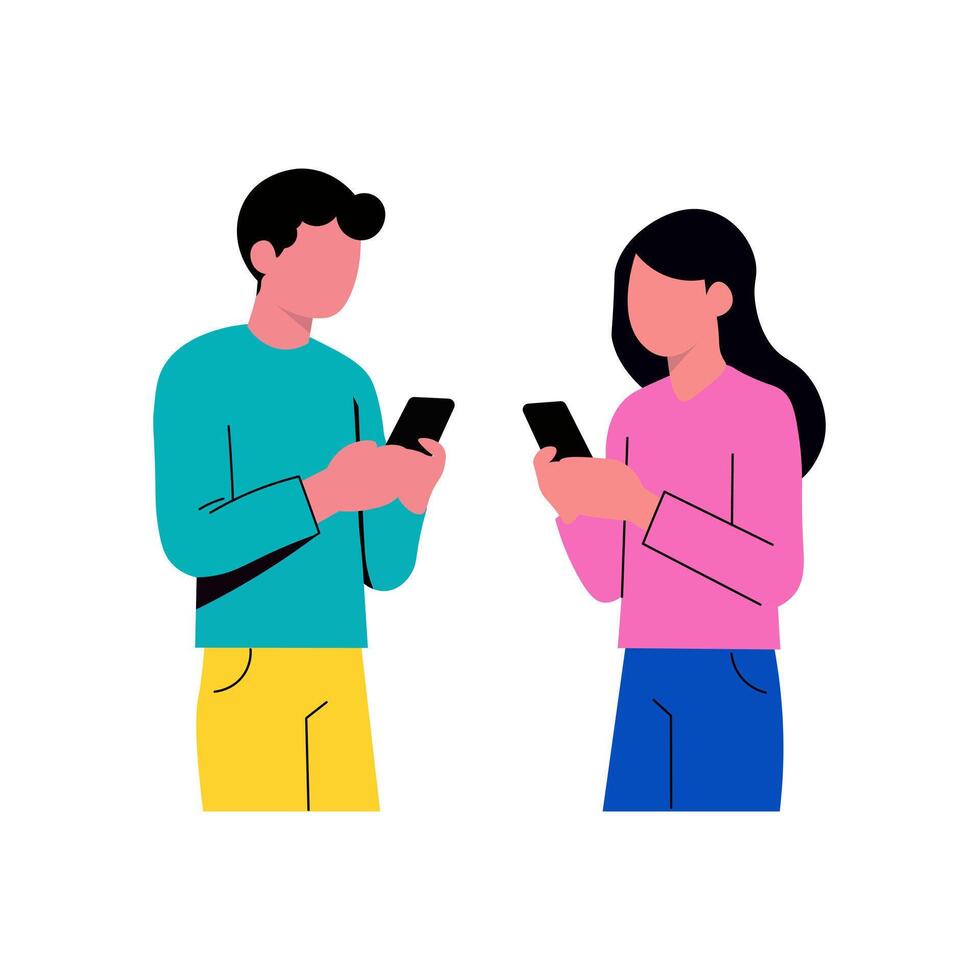 A stylized illustration of a man and a woman, facing each other, both intently looking at their smartphones. vector