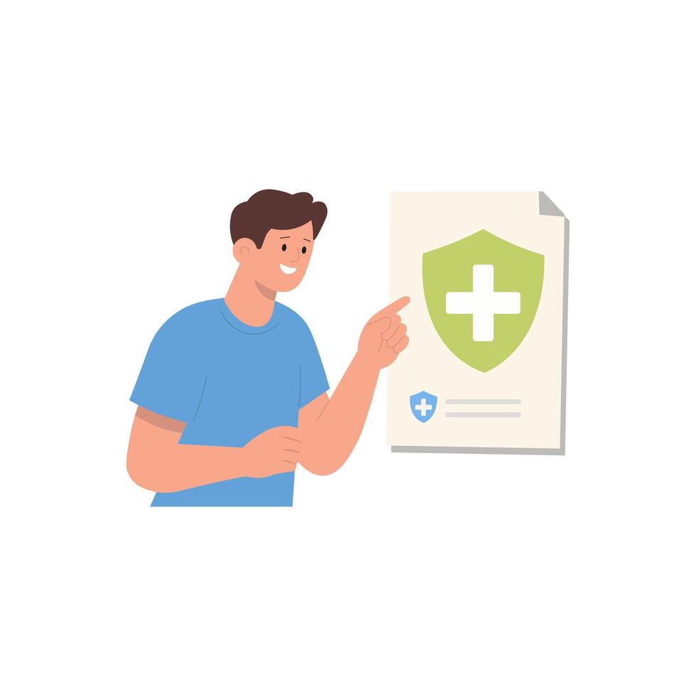 Smiling person presenting medical document with protection symbol vector