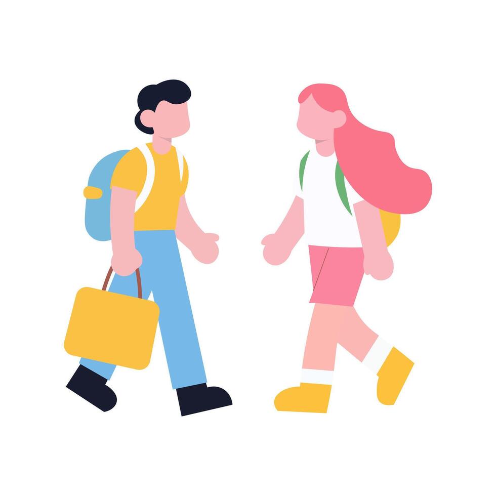 A cheerful illustration of two children walking, likely going to school. vector