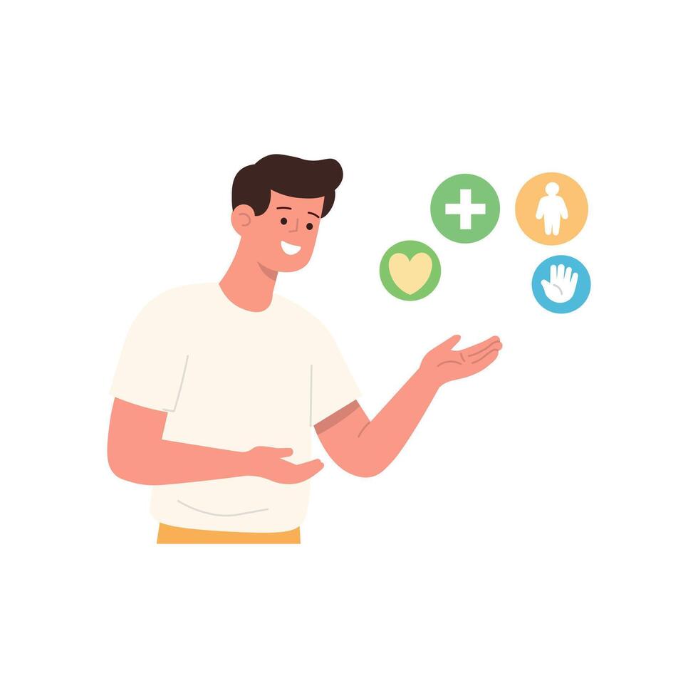 Smiling Man Presenting Wellness Icons, Promoting Holistic Well being vector