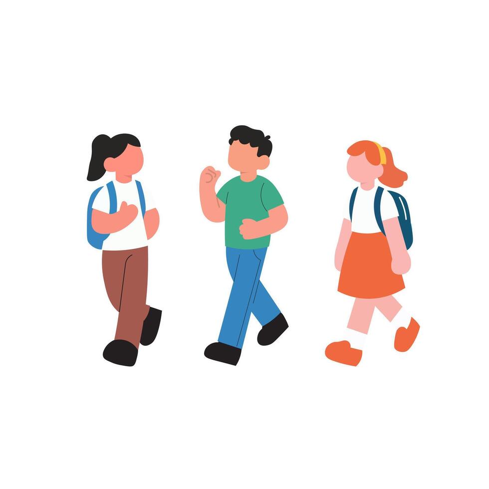 A cheerful, flat-style illustration of three elementary-aged children walking, likely on their way to school. vector