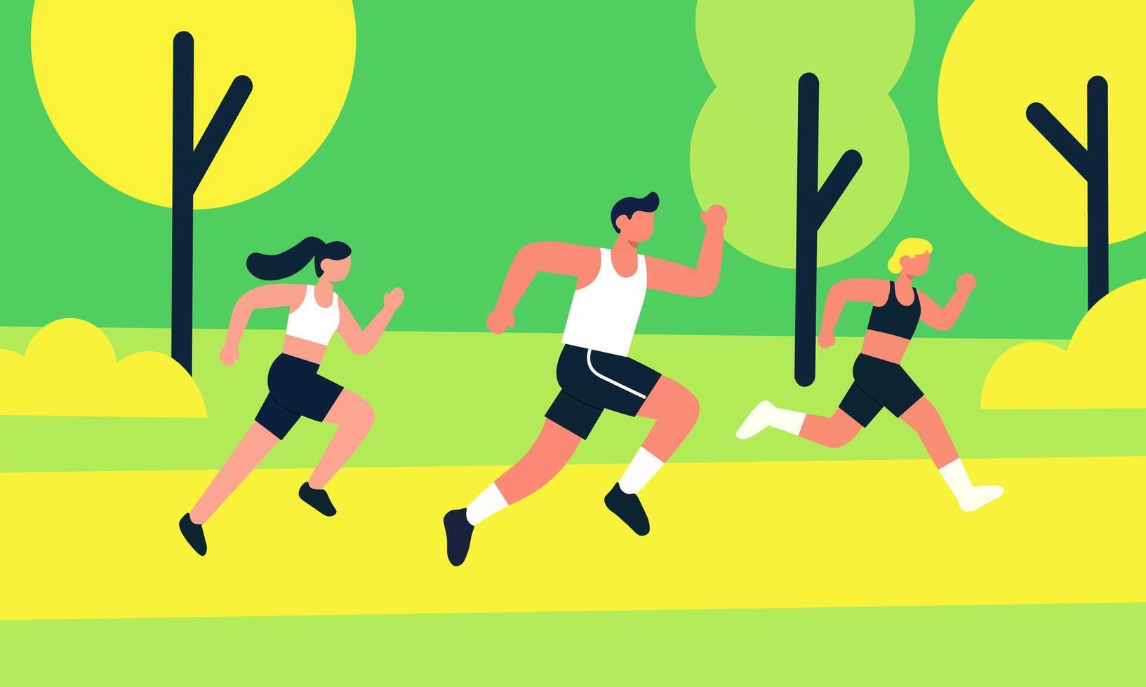 Three people are depicted jogging in a park setting. vector