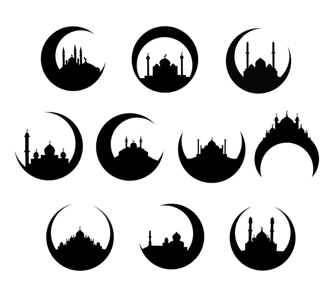 A silhouette illustration featuring a crescent moon combined with mosque decorations, creating an elegant and spiritual design. Ideal for Islamic celebrations, Ramadan, Eid, and religious themed vector