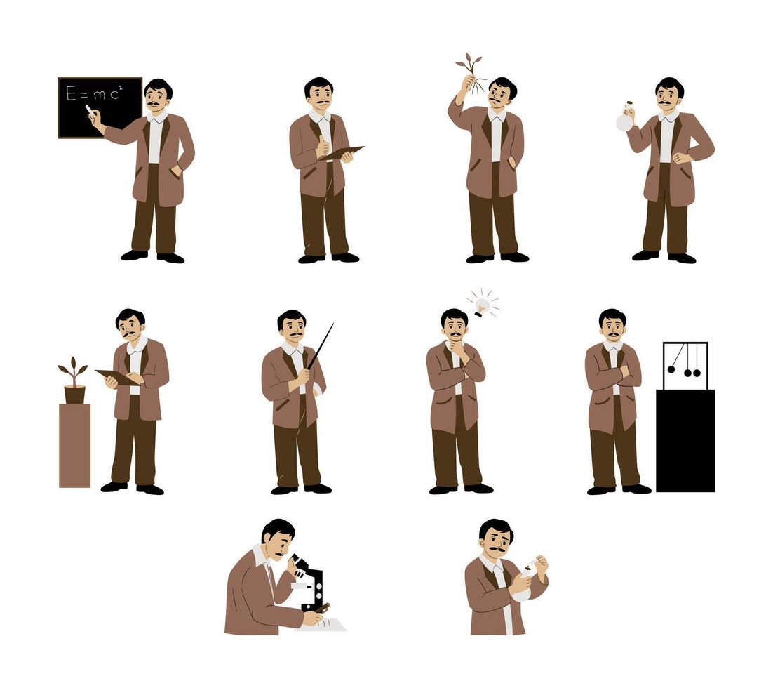 An illustration set of a professor teaching in class, featuring various poses and experimental element, ideal for educational content and academic visuals. vector