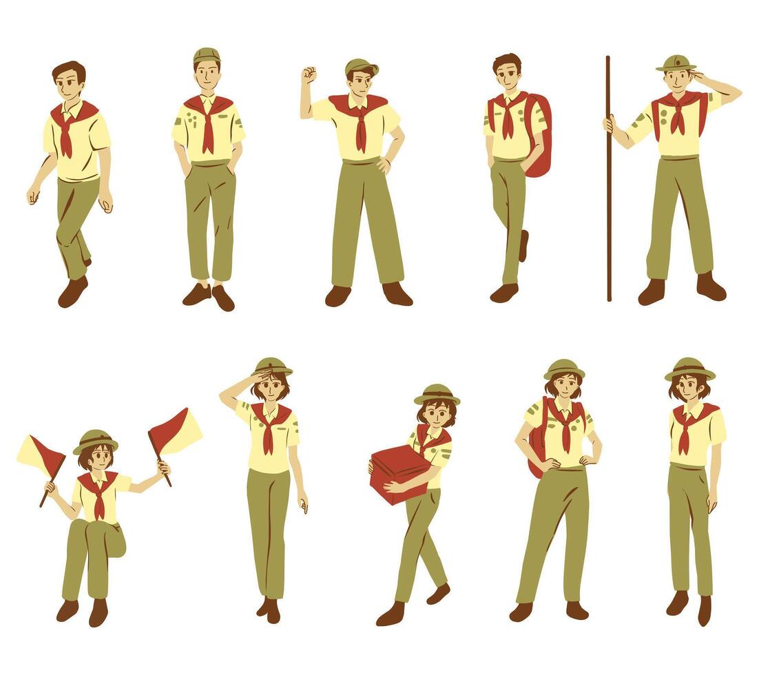 A character illustration set featuring senior scouts in uniform with various poses and activities, perfect for scouting, education, and adventure themed designs. vector