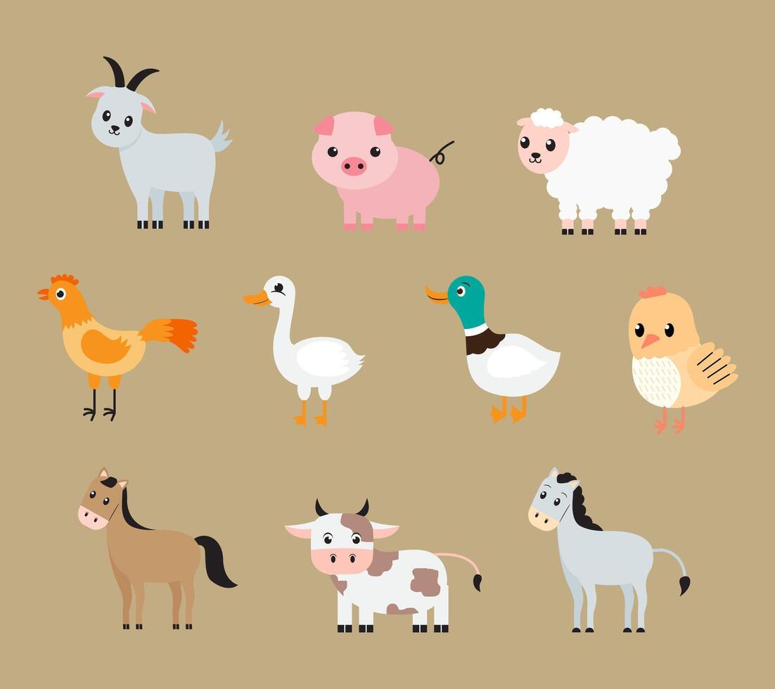A charming set of illustrations showcasing various cute farm animals such as cows, chickens, sheep, pigs, and goats. Perfect for children books, educational materials, farm themed decor, and playful vector