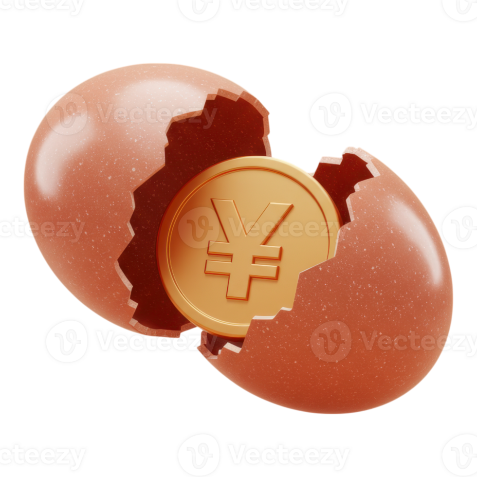 Cracked Egg Revealing Golden Yuan Coin 3D Render png