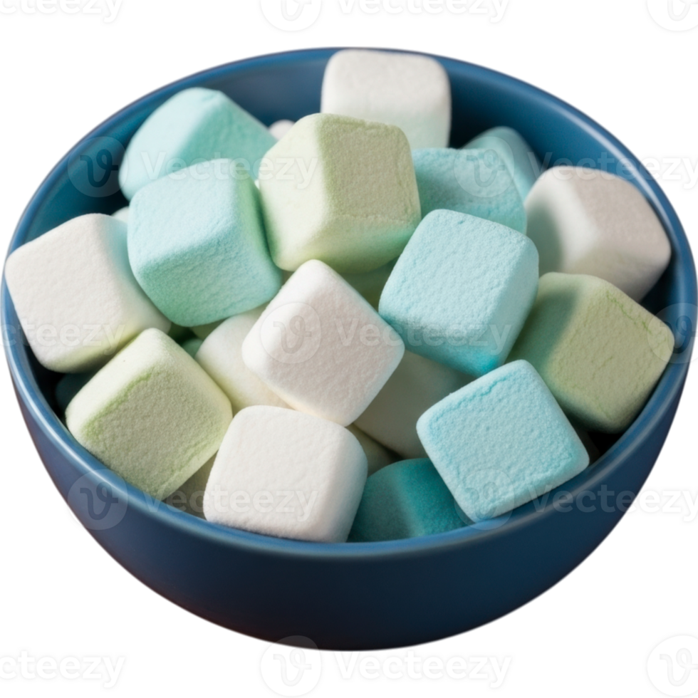 Delicious Pastel Marshmallows in Blue Bowl with Transparent Background png