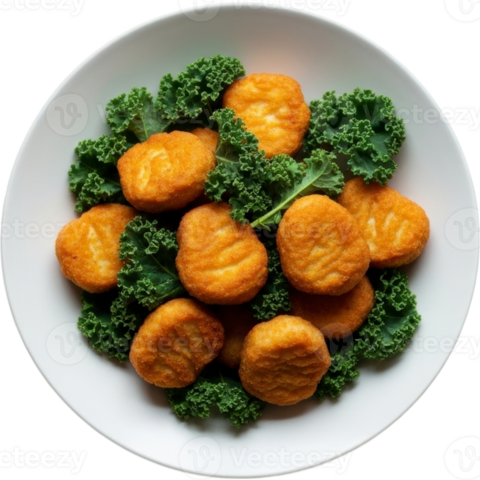 Golden Brown Chicken Nuggets and Kale in White Bowl Transparent Background png