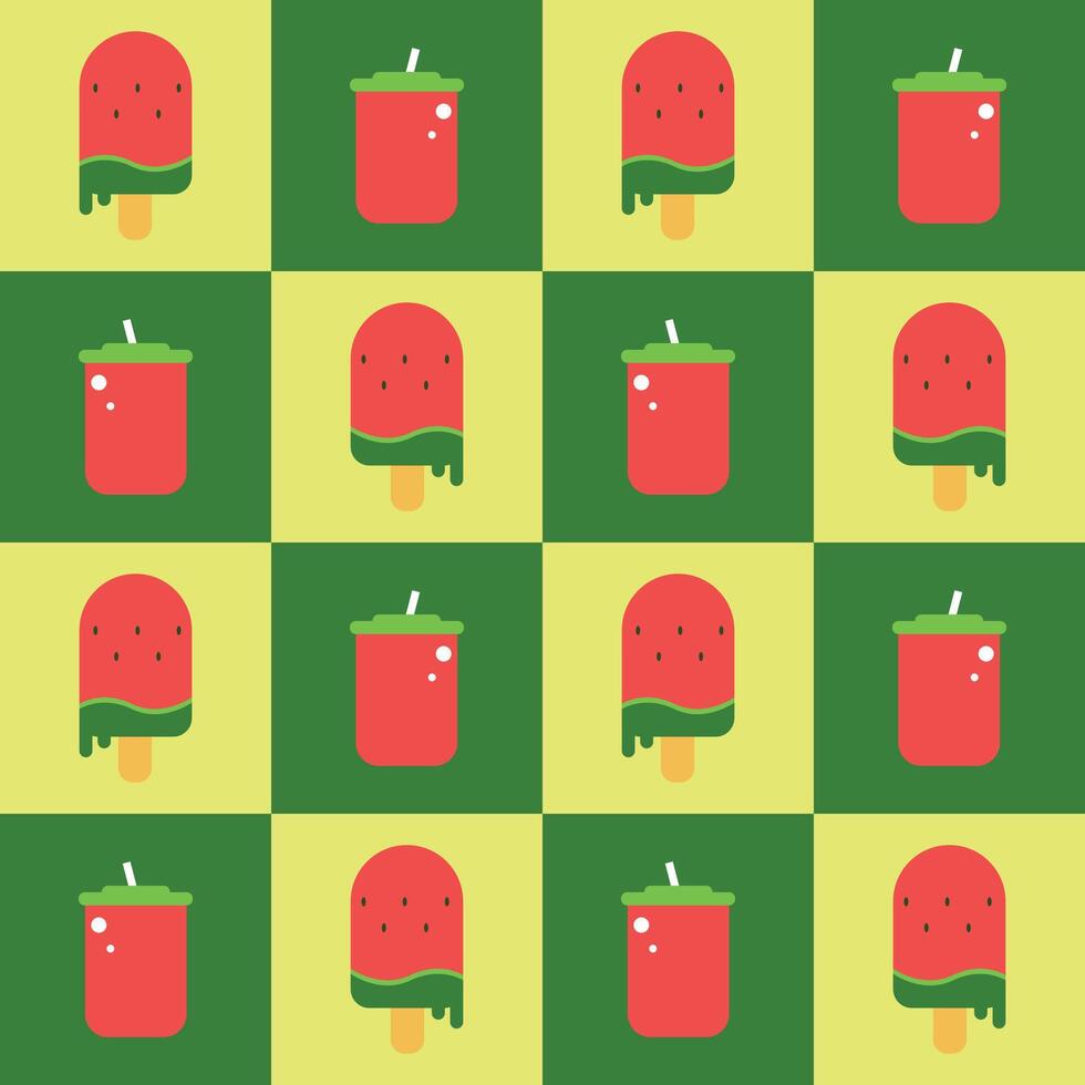Illustration of juicy watermelon slices, ice cream, and juice in a fun summer theme. Perfect for packaging, seasonal designs, backgrounds, and tropical-themed projects. vector
