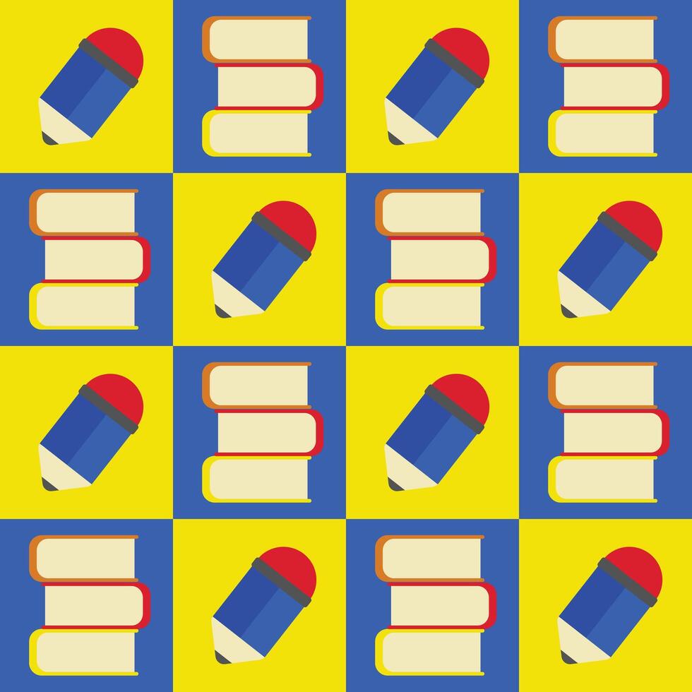 Seamless pattern of pencils and stacked books in a colorful back to school theme. Perfect for educational designs, kids projects, and school supply graphics. vector