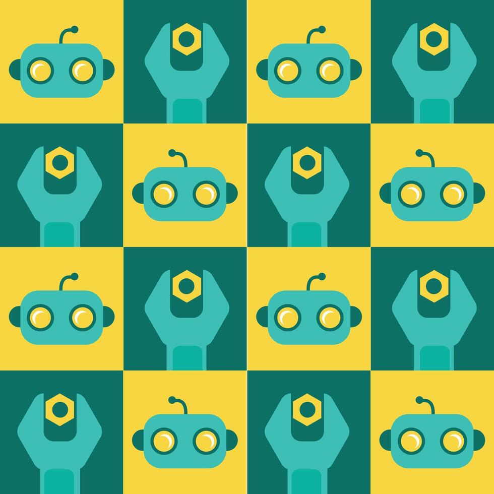 Seamless pattern of robot heads and wrenches in a fun, cartoon style. Ideal for kids products, tech themed designs, toys, wrapping paper, and educational materials. vector