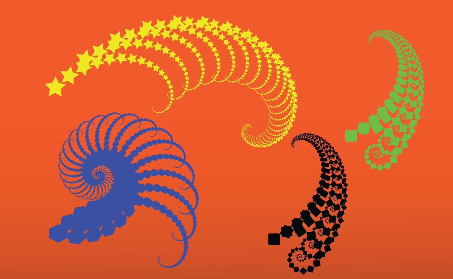 Multi-color spiral swirl design with stars and dots in radial pattern on orange background vector