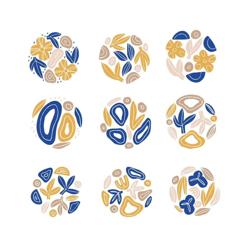 Contemporary round composition set. Hand drawn illustration. Colorful modern art style elements in circle shape isolated on white background. Various multicolor abstract drawings, decorative artwork vector