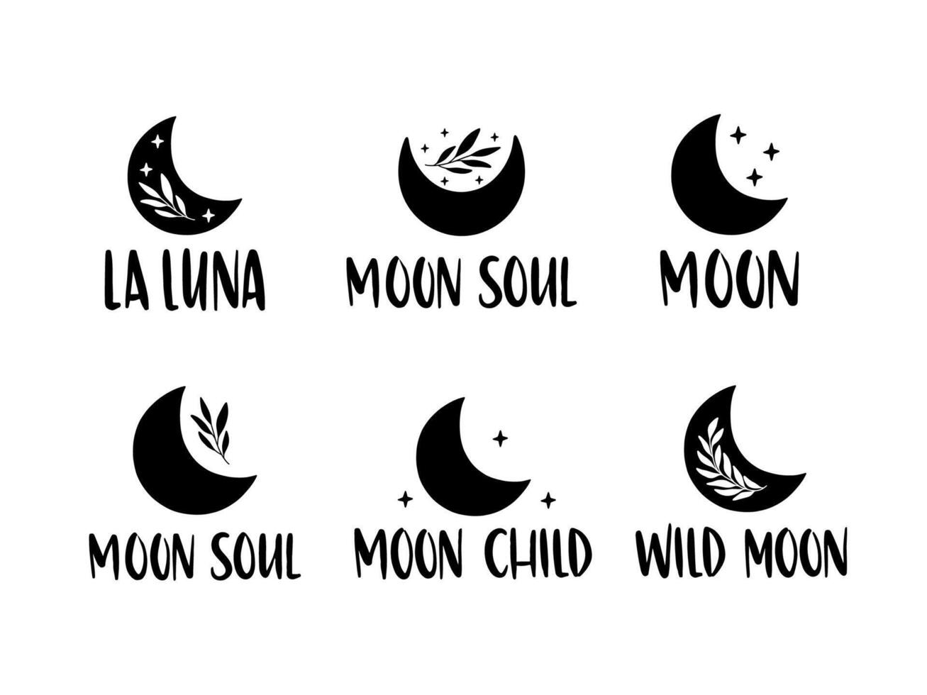 Moon inspirational lettering quote set. Boho poster. Floral moon for logo, card, magic, print, t-shirt design. Celestial flat illustration. Witch, esoteric symbol. Wild moon, Moon child, La luna. vector