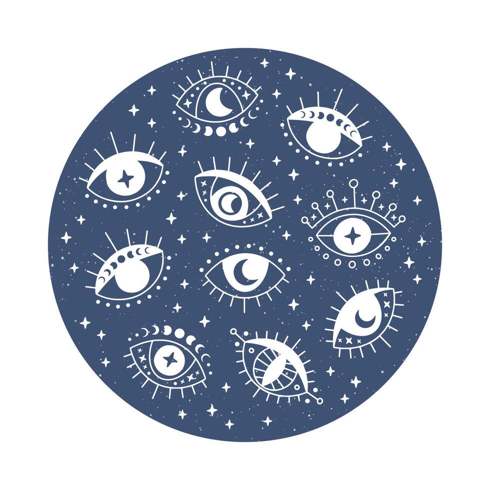 Hand drawn evil eye flat illustration. Magic witchcraft third eye with moon phases on blue background. Occult symbol. For esoteric t-shirt print, mystical card, boho poster. vector