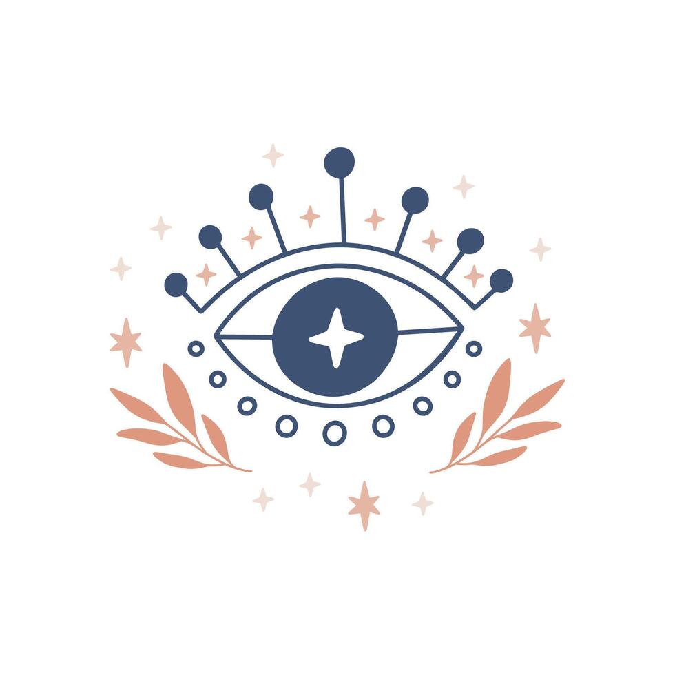 Hand drawn evil eye flat illustration. Magic witchcraft third eye with stars, leaves isolated on white background. Occult symbol. For esoteric t-shirt print, mystical logo, boho poster. vector