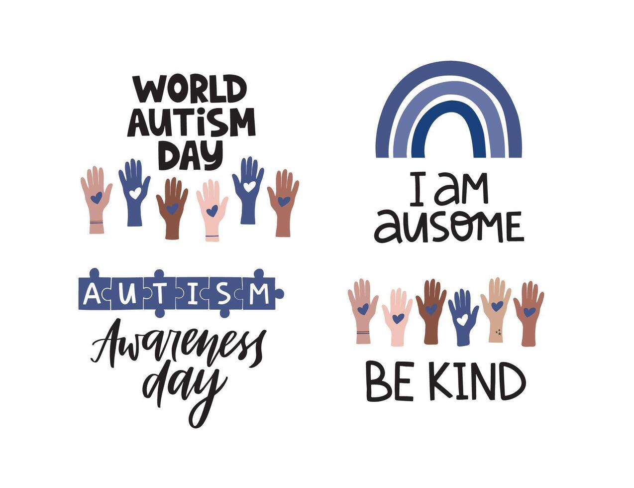 Autism Awareness Day illustration. Hand drawn lettering quotes on white background. Social support. Be kind saying typography. Template for card, badge, t shirt print, poster, banner, sticker. vector