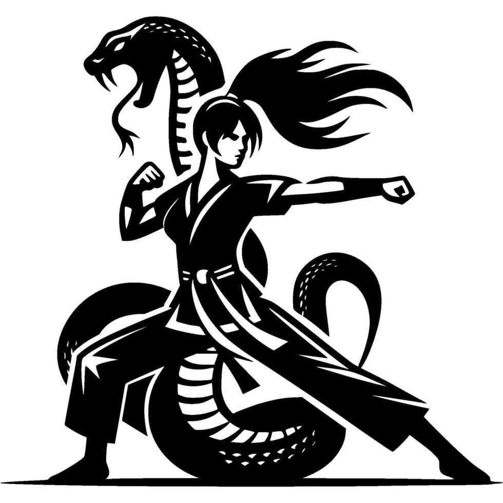 Sport emblem of Kung Fu athlete imitates snake movement in monochrome. Engraving minimalistic image in black ink drawing on white background vector
