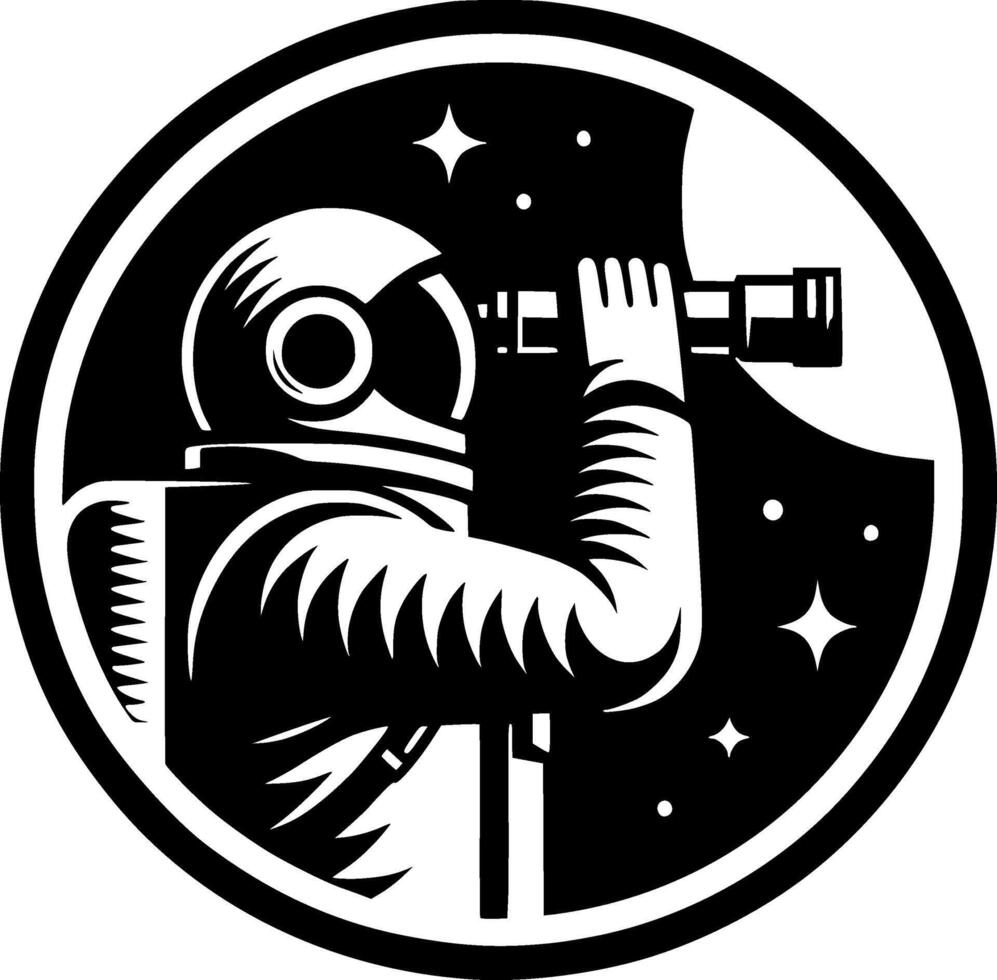 Sketchy cosmic emblem of astronaut confidently looks through telescope studying horizon of an unknown planet in monochrome. Engraving minimalistic image in black ink drawing on white background vector