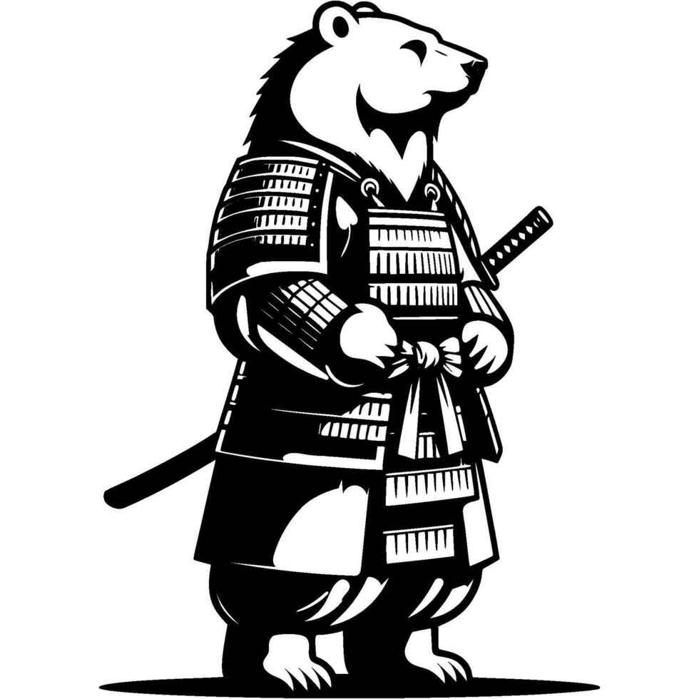 Samurai in armor white bear stands in fighting stance with katana sword in monochrome. Wild polar bear animal. Tattoo minimalistic image in black ink drawing on white background vector