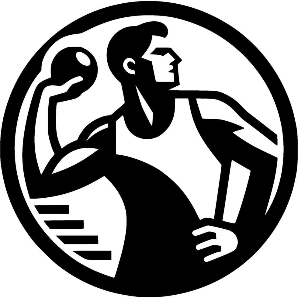 Sport emblem of athlete shot putter in monochrome. Engraving minimalistic image in black ink drawing on white background vector