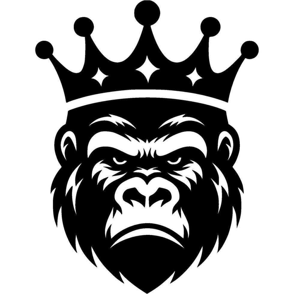 Tattoo of angry alpha male gorilla with crown on head in monochrome. Orangutan authority primate. Engraving minimalistic image in black ink drawing on white background vector