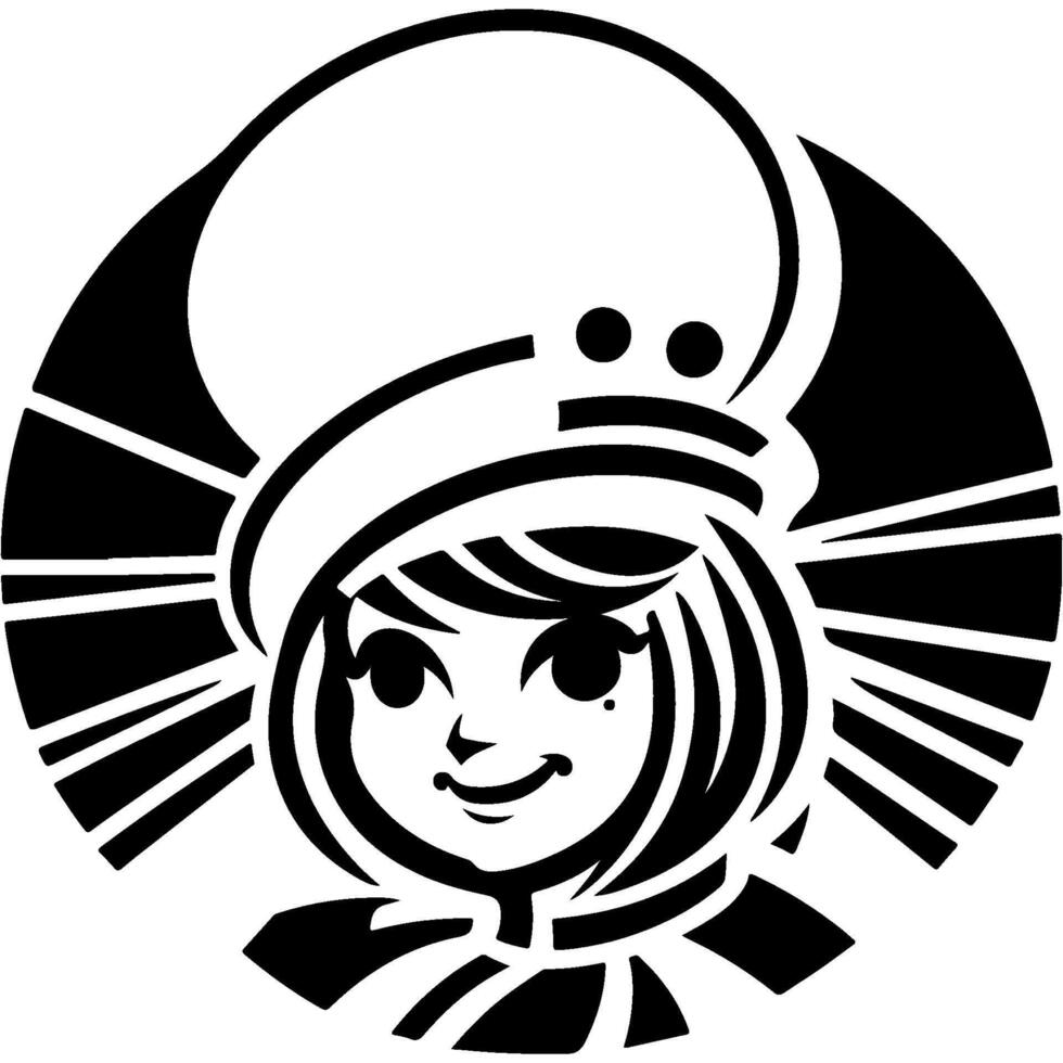 Tattoo emblem of cute girl chef in chef hat in monochrome. Engraving minimalistic image in black ink drawing on white background vector