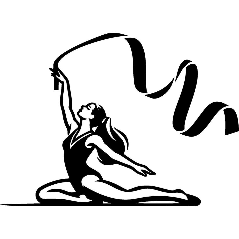 Sport emblem of girl gymnast finishes a choreographic dance with a sports silk ribbon in monochrome. Engraving minimalistic image in black ink drawing on white background vector