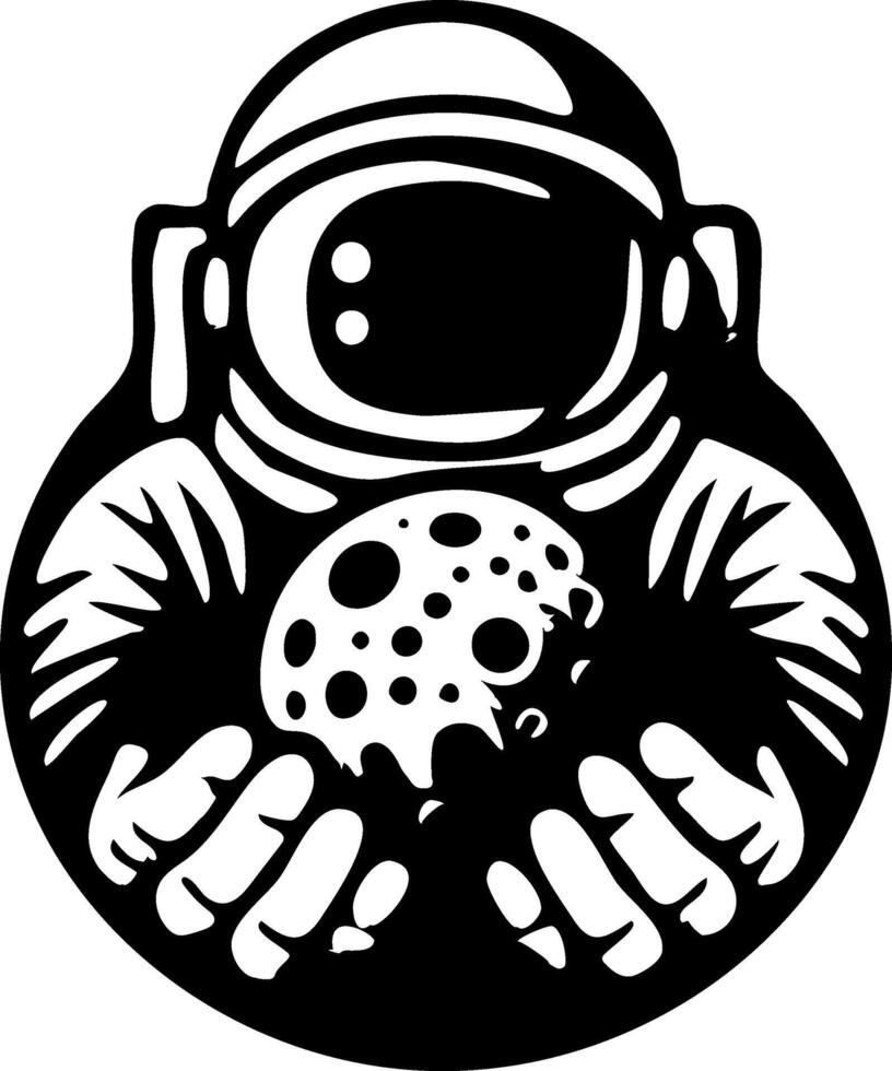 Sketchy cosmic emblem of scientist cosmonaut holds priceless meteorite in his hands in monochrome. Engraving minimalistic image in black ink drawing on white background vector