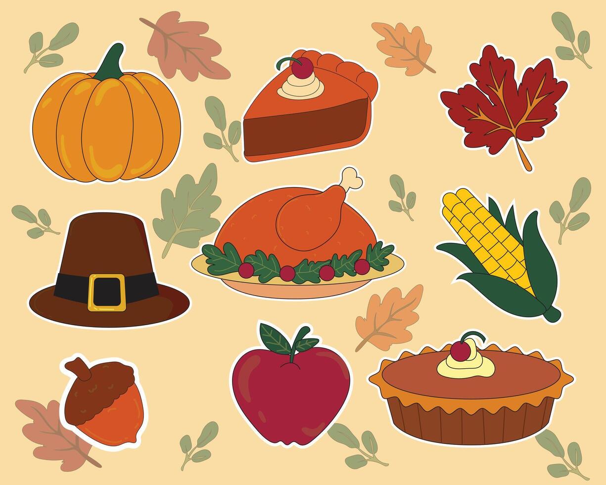 A flat style Thanksgiving illustration with festive food icons like turkey, pie, corn, pumpkin, apple, leaf, and traditional pilgrim hat in warm autumn colors perfect for holiday designs vector