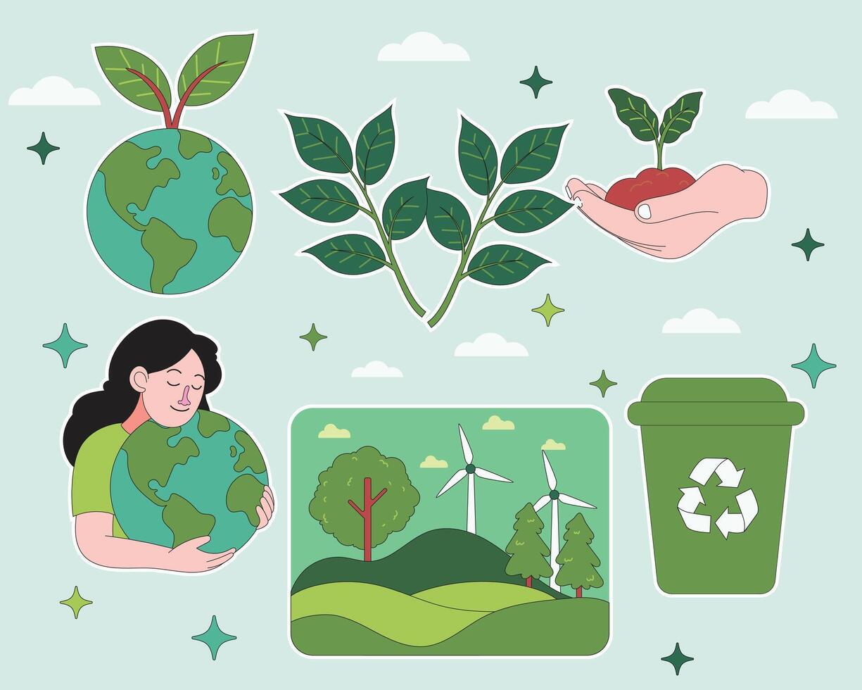 A colorful flat cartoon illustration for Environment Day showing love for Earth, recycling, wind turbines, tree planting and green energy to promote sustainability and environmental care. vector