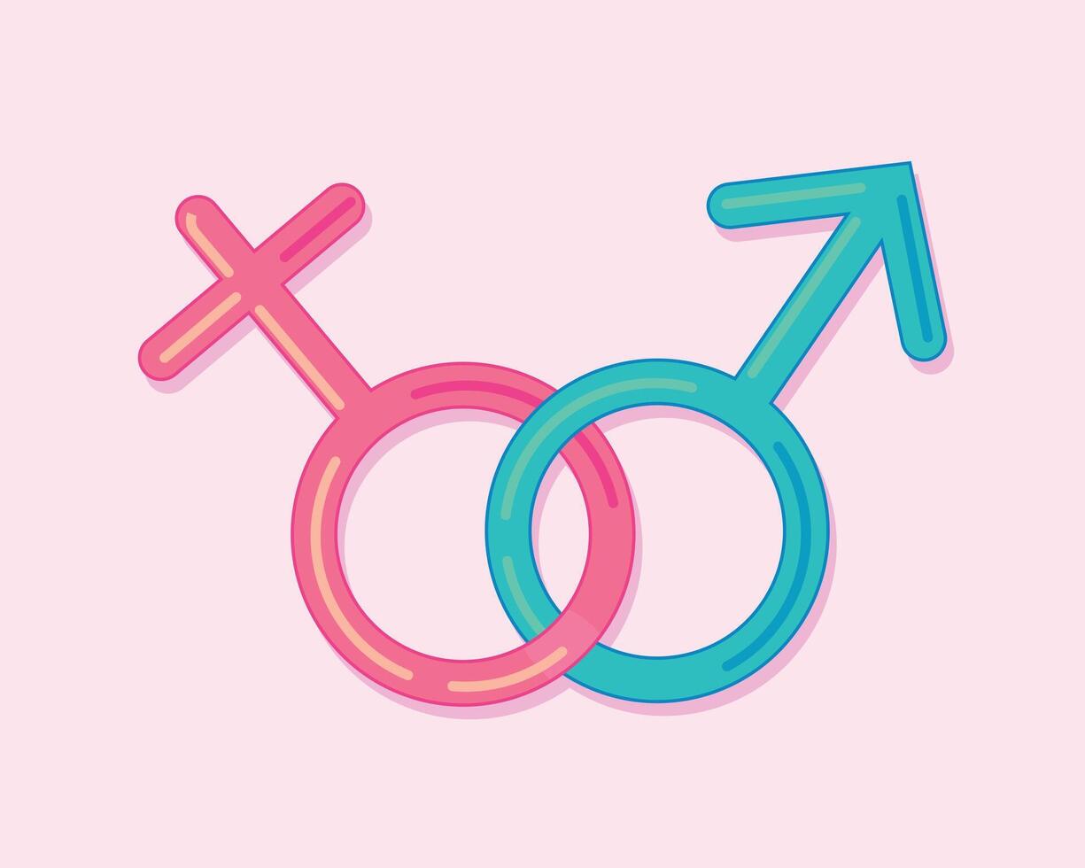 A creative flat illustration of intertwined male and female gender symbols representing unity, diversity, and balance. Great for identity, gender topics, feminism, equality, and relationships vector
