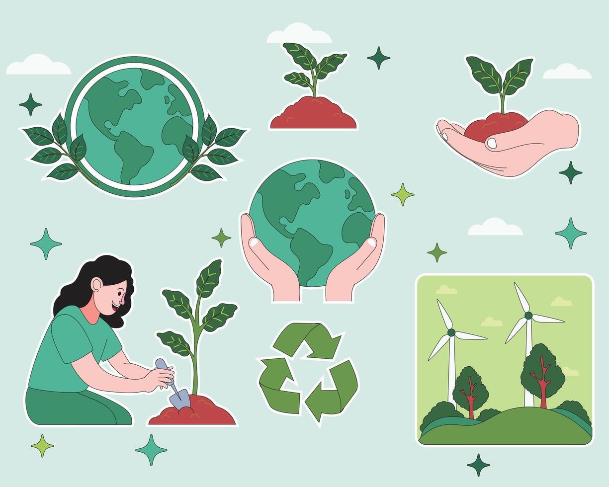 Set of Environment Day flat icons showing earth protection, tree planting, green energy, recycling, and eco-friendly lifestyle. Ideal for environmental awareness and sustainability visuals vector