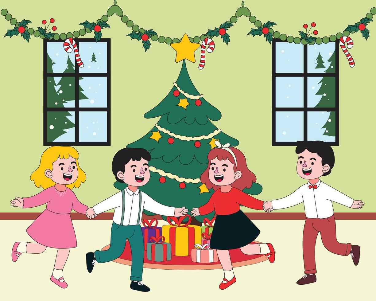 Flat style illustration of cheerful kids celebrating Christmas with gifts under the decorated tree. Joyful, colorful, and festive holiday season art for children and family themes. vector